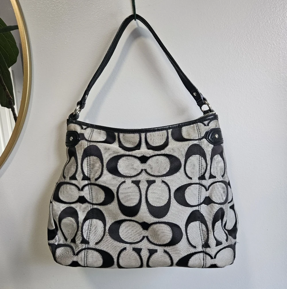 Coach Daisy Hobo Black and Gray Signature Shoulder Bag